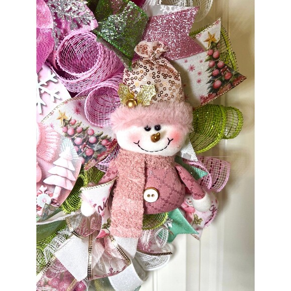 Handmade Pink Winter Snowman Holiday Ribbon Door Wreath 22 ins W81 - Picture 5 of 11